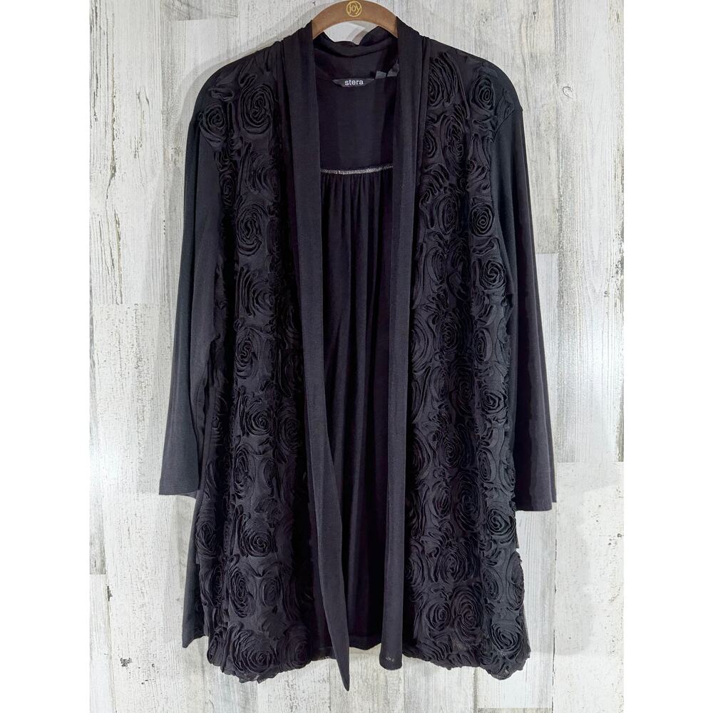 Stera Womens‎ Cardigan Size Large Black Open Front Ruffled Rosettes Stretchy